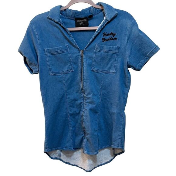 2/$30 Harley-Davidson Shirt Womens Medium Blue Denim Zip Front Short Sleeve - Picture 1 of 9